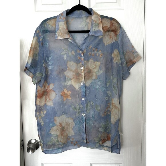 Sheer Women’s Short Sleeve Floral Blouse Size L Blue Button Up Layer Boho Top - Picture 7 of 7